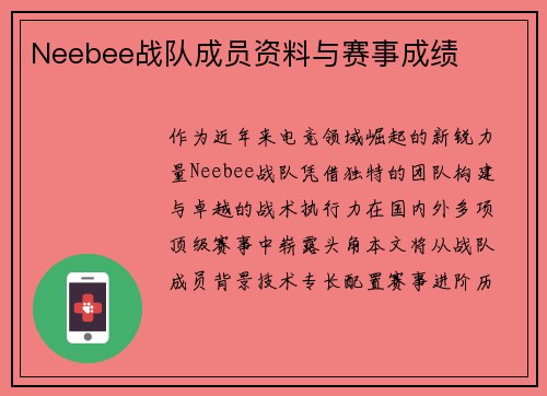 Neebee战队成员资料与赛事成绩