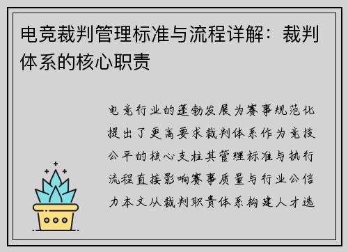 电竞裁判管理标准与流程详解：裁判体系的核心职责